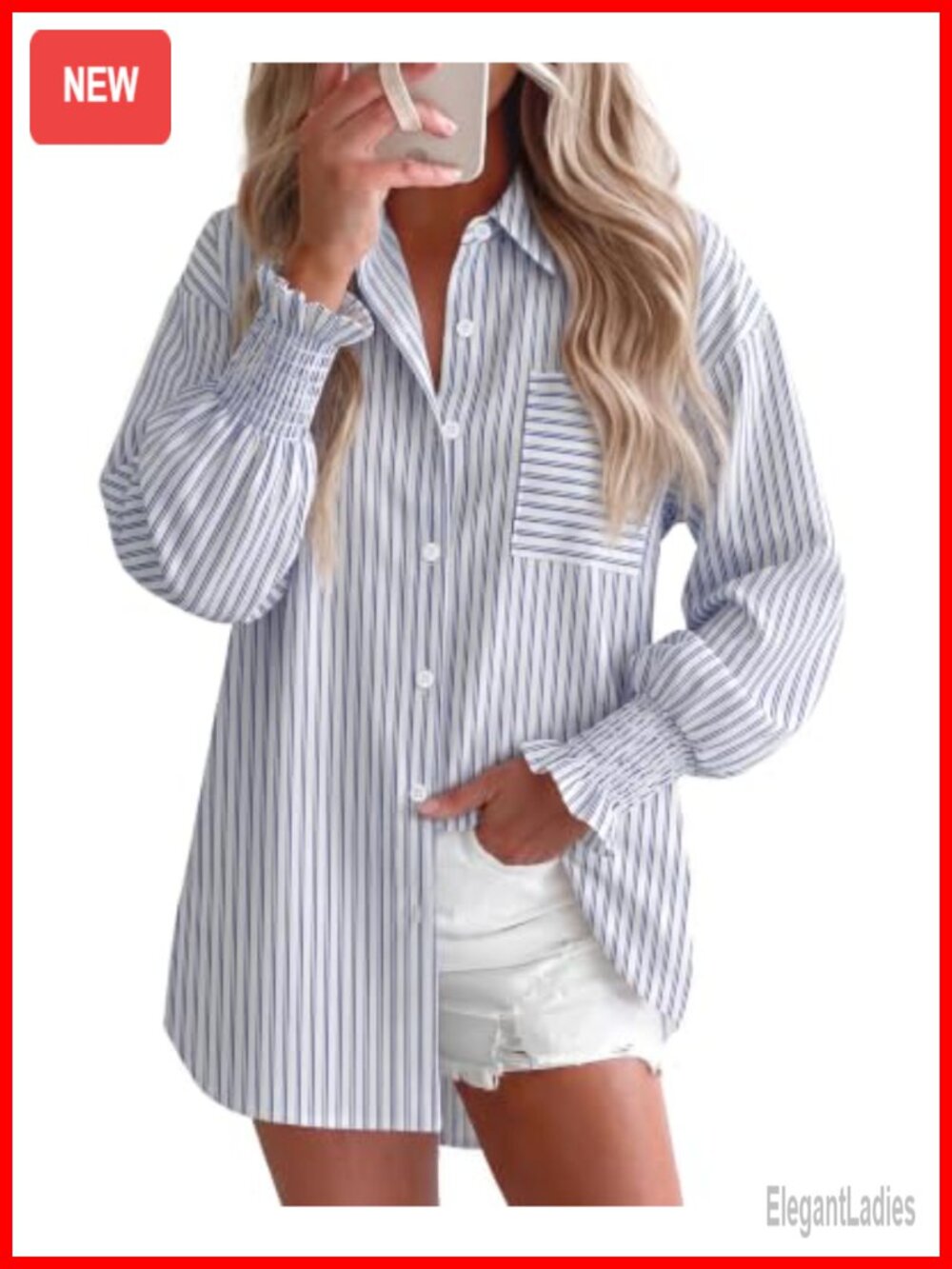 Womens Oversized Button Down Striped Smocked Cuff Long Sleeve Blouse with Pocket